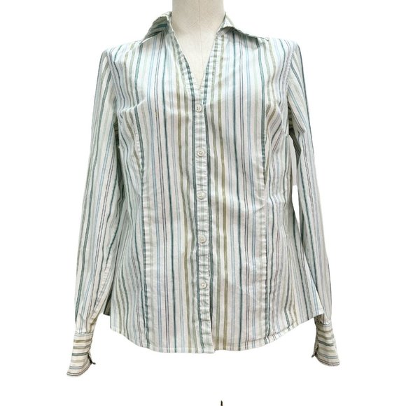 Ann Taylor Loft Top Womens 8 Blue Green White Pinstripe Long Sleeve - Picture 1 of 8